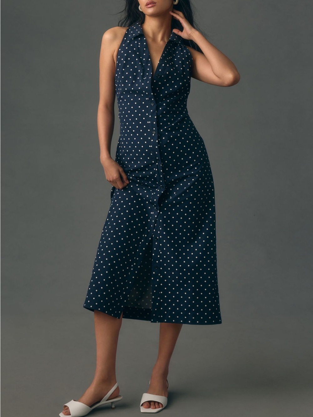 Maeve Navy Polka Dot Halter Midi Dress